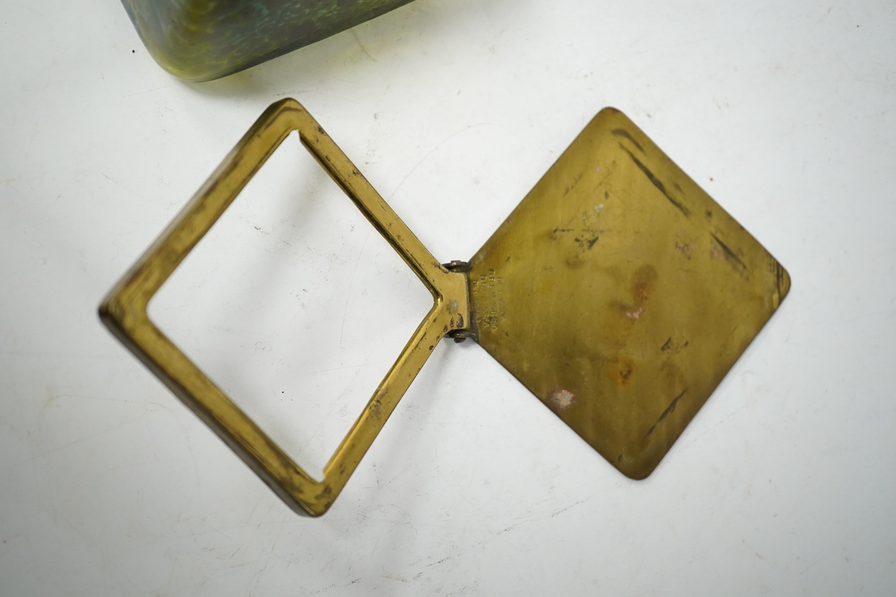 A Loetz glass and brass lidded box, 9.5cm wide. Condition - lid detached